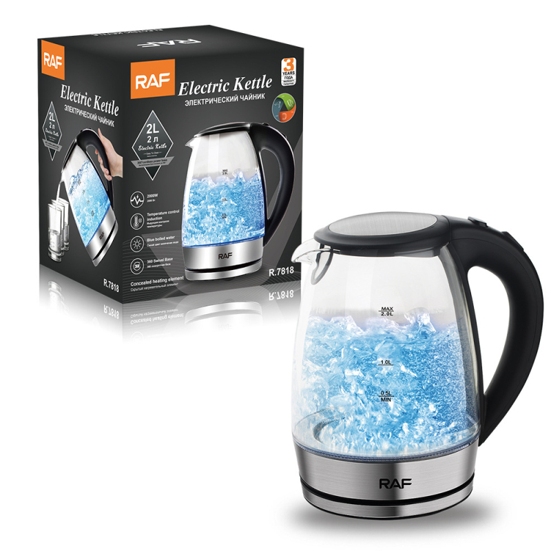 Ceainic electric din sticlă borosilicat de înaltă calitate, standard european, LED albastru, 2 L, oprire automată, protecție împotriva fierberii uscate