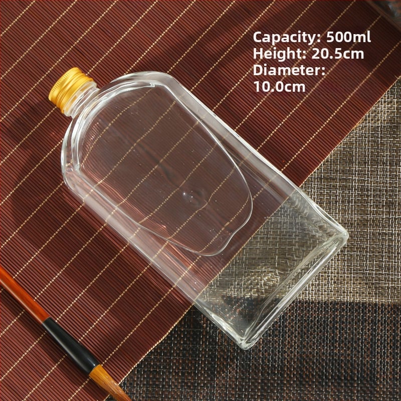 Sklenené mini fľaštičky na studené kávy výluhy, nápoje a šťavy — ploché štvorcové alebo guľaté ramenné, matné alebo priehľadné, 50-500 ml