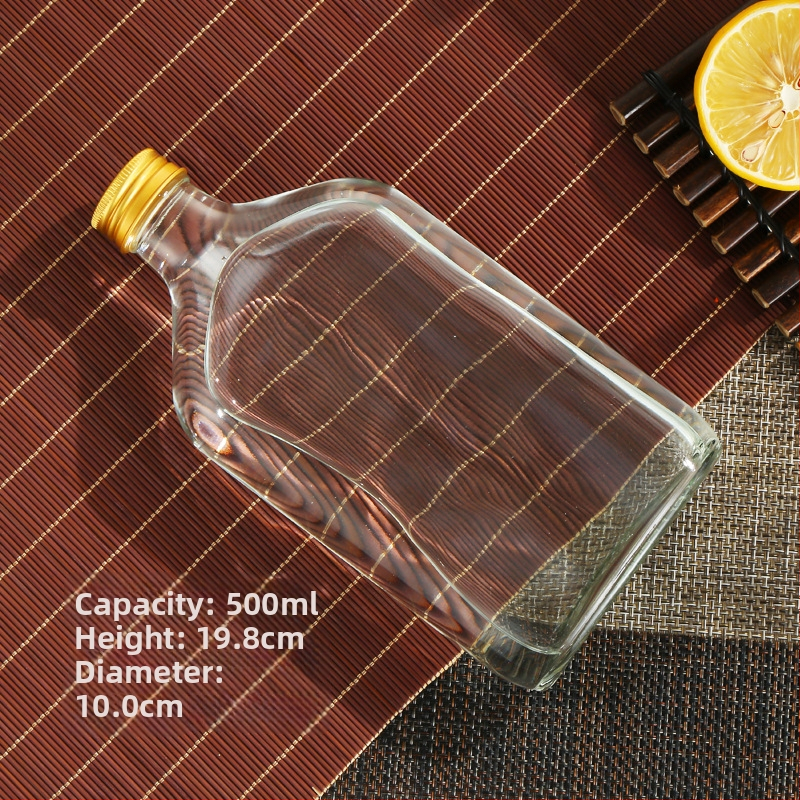 Sklenené mini fľaštičky na studené kávy výluhy, nápoje a šťavy — ploché štvorcové alebo guľaté ramenné, matné alebo priehľadné, 50-500 ml
