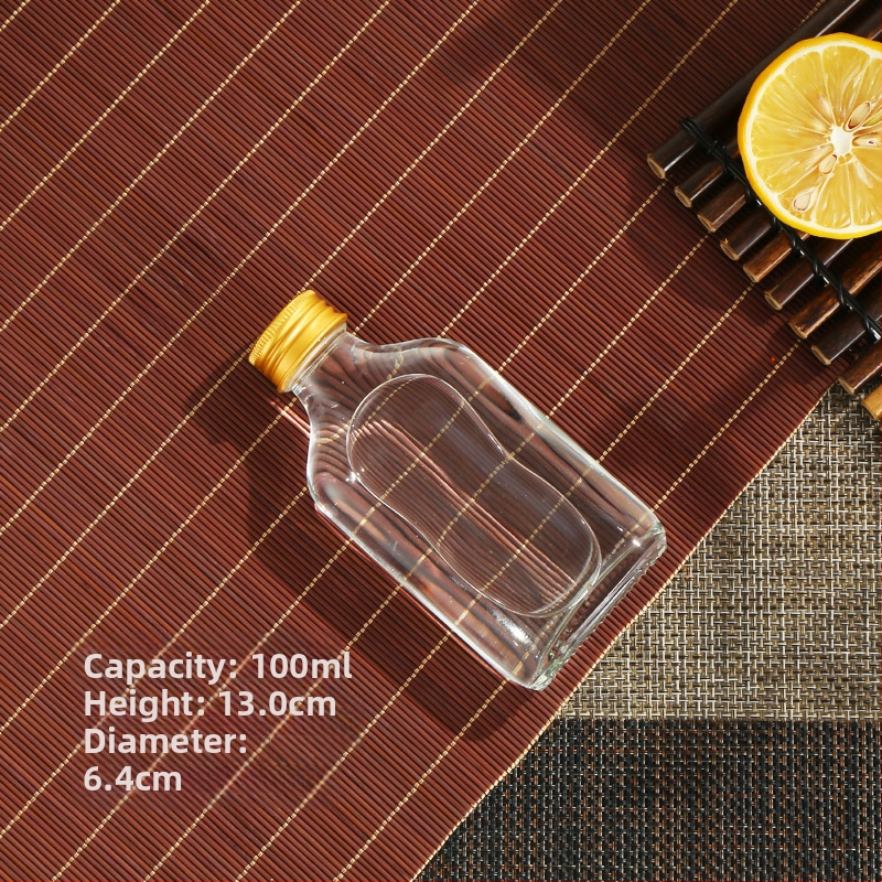 Sklenené mini fľaštičky na studené kávy výluhy, nápoje a šťavy — ploché štvorcové alebo guľaté ramenné, matné alebo priehľadné, 50-500 ml