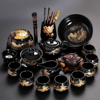 Set Kung Fu de ceai cu ceainic ceramic, gaiwan și cești — set complet pentru casă și birou, cu tavă metalică