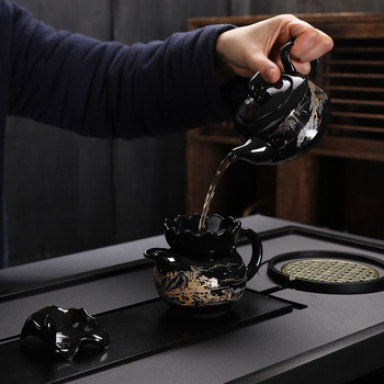 Set Kung Fu de ceai cu ceainic ceramic, gaiwan și cești — set complet pentru casă și birou, cu tavă metalică