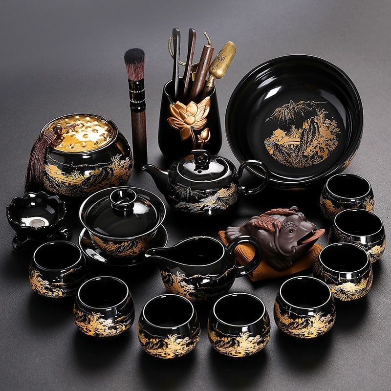 Set Kung Fu de ceai cu ceainic ceramic, gaiwan și cești — set complet pentru casă și birou, cu tavă metalică