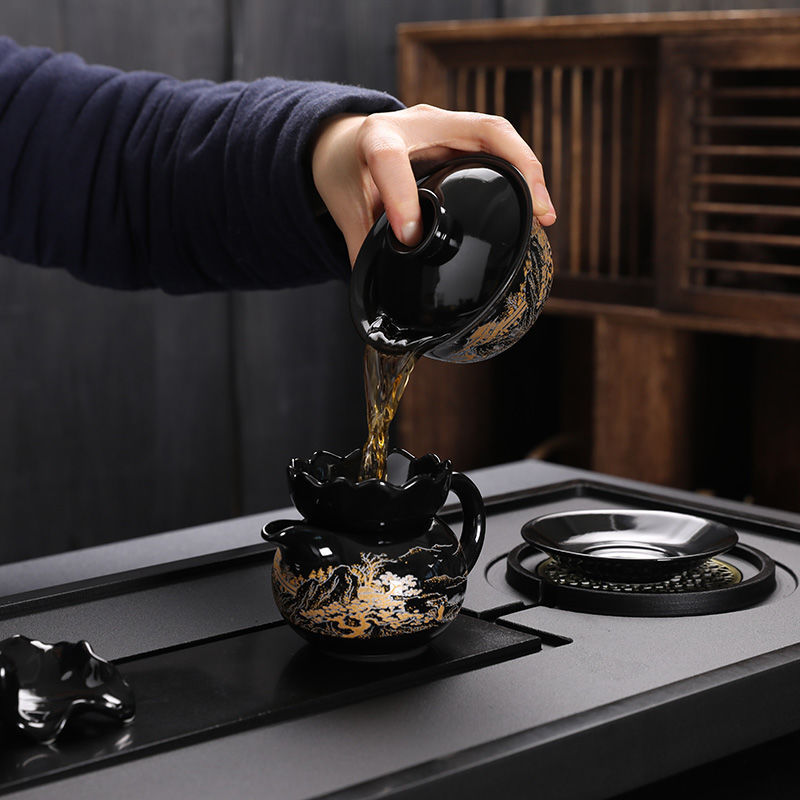Set Kung Fu de ceai cu ceainic ceramic, gaiwan și cești — set complet pentru casă și birou, cu tavă metalică