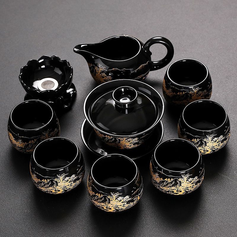 Set Kung Fu de ceai cu ceainic ceramic, gaiwan și cești — set complet pentru casă și birou, cu tavă metalică