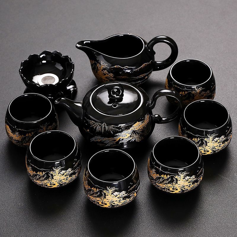Set Kung Fu de ceai cu ceainic ceramic, gaiwan și cești — set complet pentru casă și birou, cu tavă metalică