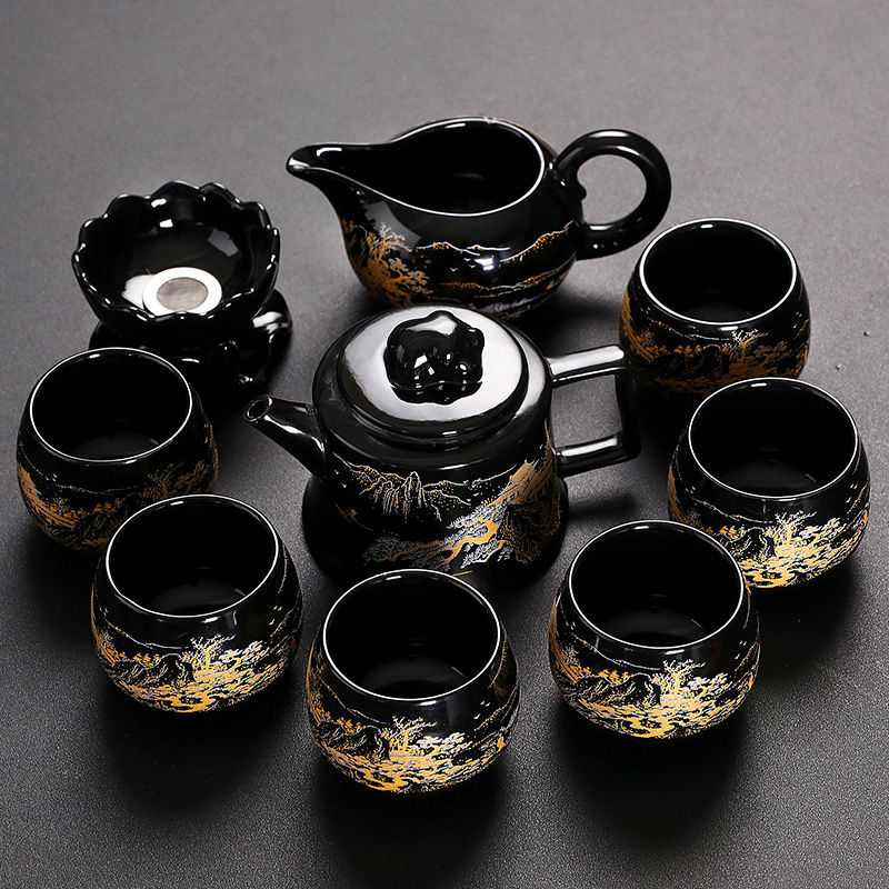 Set Kung Fu de ceai cu ceainic ceramic, gaiwan și cești — set complet pentru casă și birou, cu tavă metalică