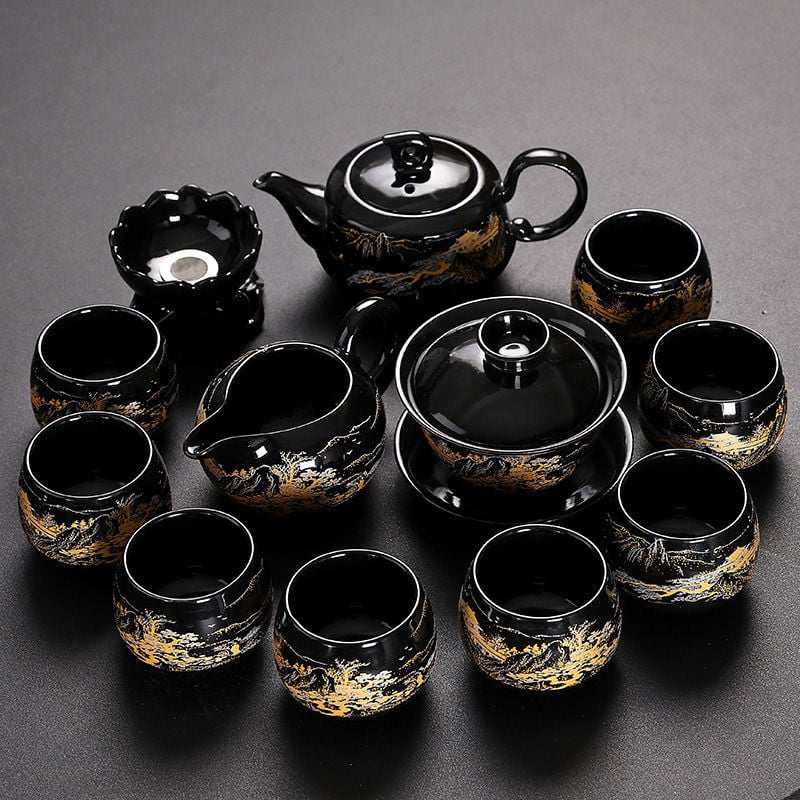 Set Kung Fu de ceai cu ceainic ceramic, gaiwan și cești — set complet pentru casă și birou, cu tavă metalică