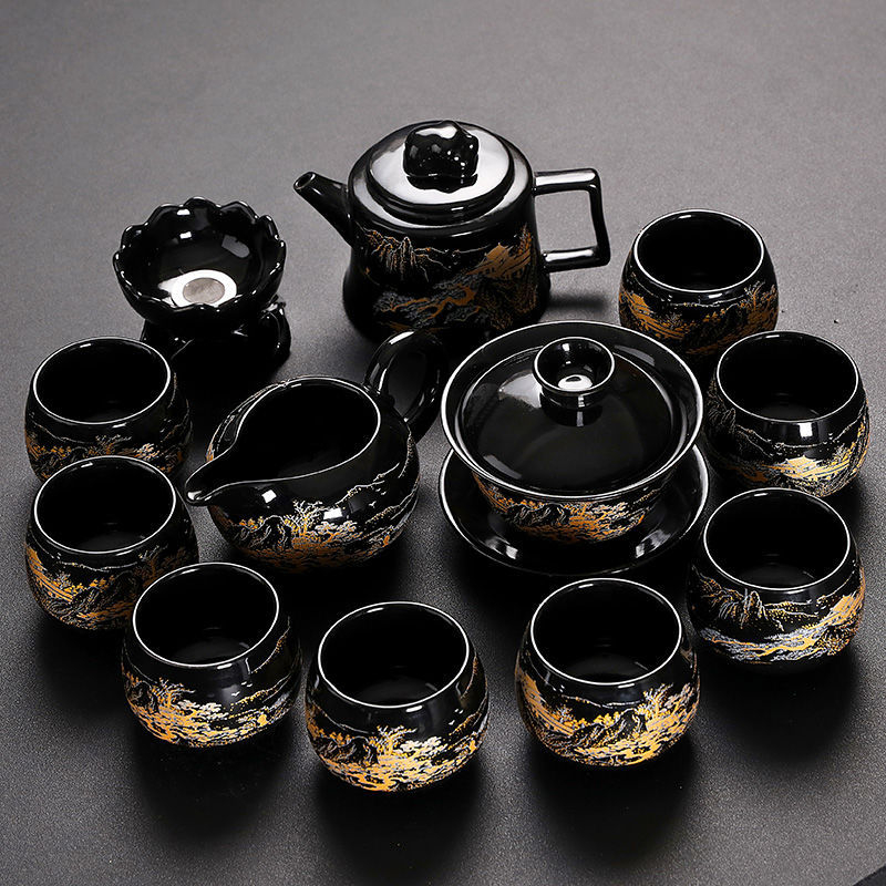 Set Kung Fu de ceai cu ceainic ceramic, gaiwan și cești — set complet pentru casă și birou, cu tavă metalică