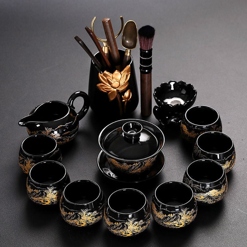 Set Kung Fu de ceai cu ceainic ceramic, gaiwan și cești — set complet pentru casă și birou, cu tavă metalică