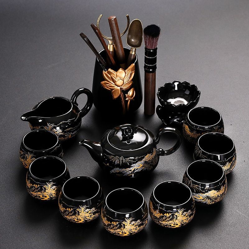 Set Kung Fu de ceai cu ceainic ceramic, gaiwan și cești — set complet pentru casă și birou, cu tavă metalică