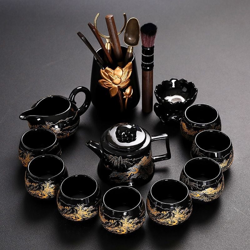 Set Kung Fu de ceai cu ceainic ceramic, gaiwan și cești — set complet pentru casă și birou, cu tavă metalică