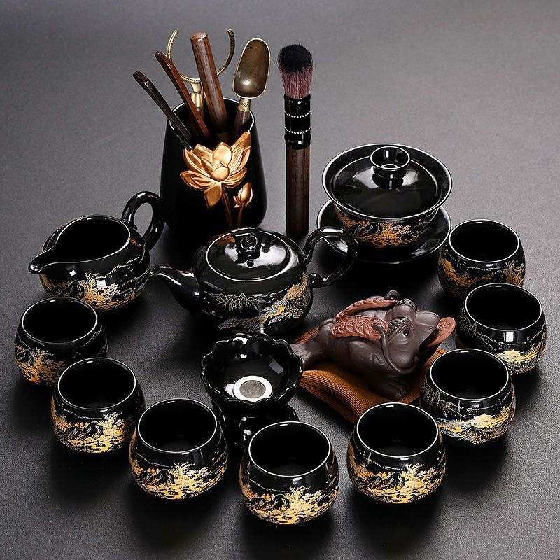 Set Kung Fu de ceai cu ceainic ceramic, gaiwan și cești — set complet pentru casă și birou, cu tavă metalică