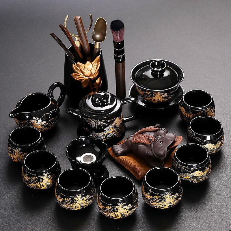 Set Kung Fu de ceai cu ceainic ceramic, gaiwan și cești — set complet pentru casă și birou, cu tavă metalică