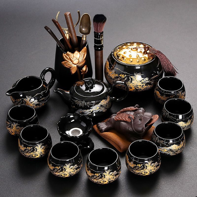 Set Kung Fu de ceai cu ceainic ceramic, gaiwan și cești — set complet pentru casă și birou, cu tavă metalică