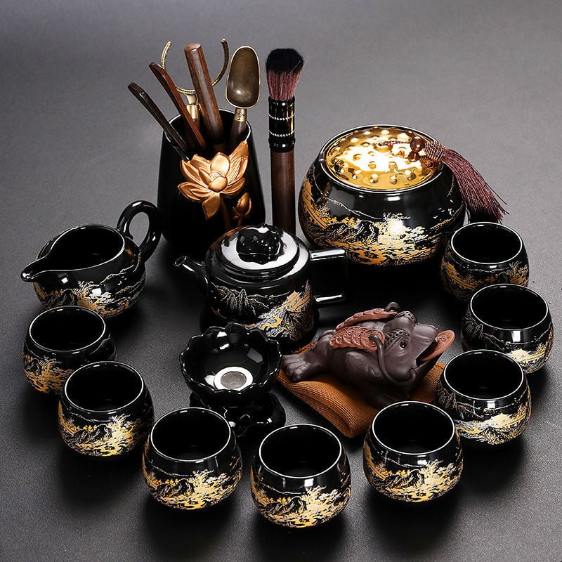 Set Kung Fu de ceai cu ceainic ceramic, gaiwan și cești — set complet pentru casă și birou, cu tavă metalică