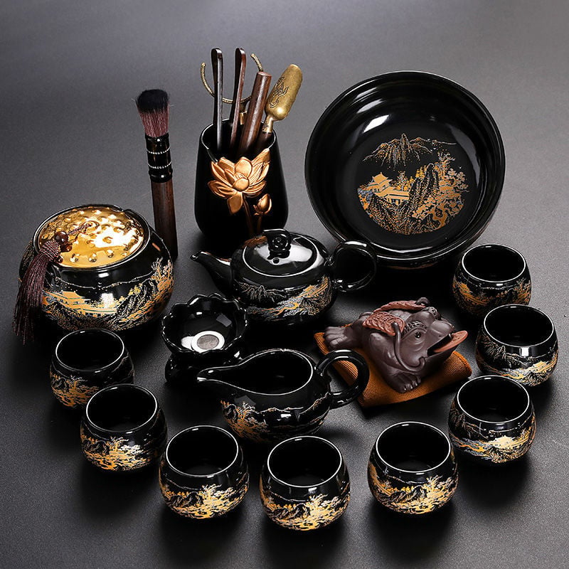 Set Kung Fu de ceai cu ceainic ceramic, gaiwan și cești — set complet pentru casă și birou, cu tavă metalică