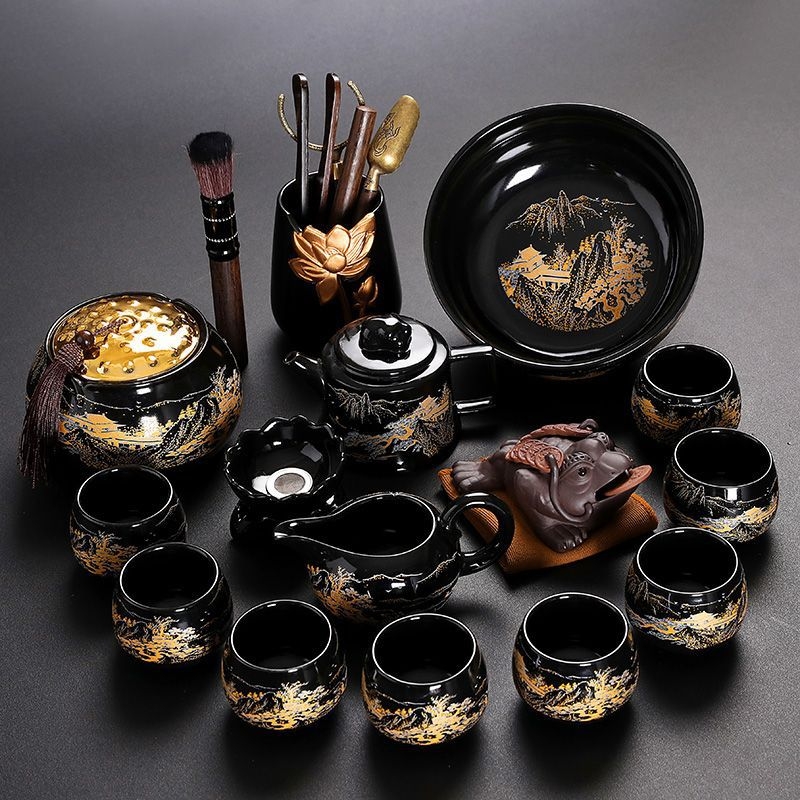 Set Kung Fu de ceai cu ceainic ceramic, gaiwan și cești — set complet pentru casă și birou, cu tavă metalică