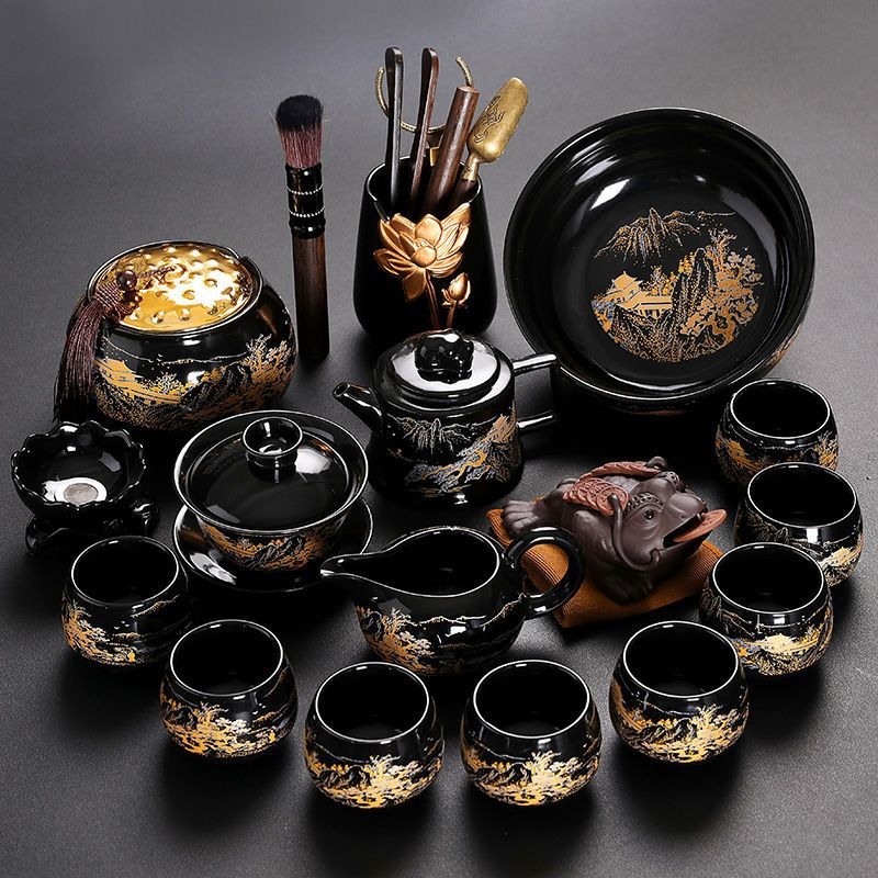 Set Kung Fu de ceai cu ceainic ceramic, gaiwan și cești — set complet pentru casă și birou, cu tavă metalică