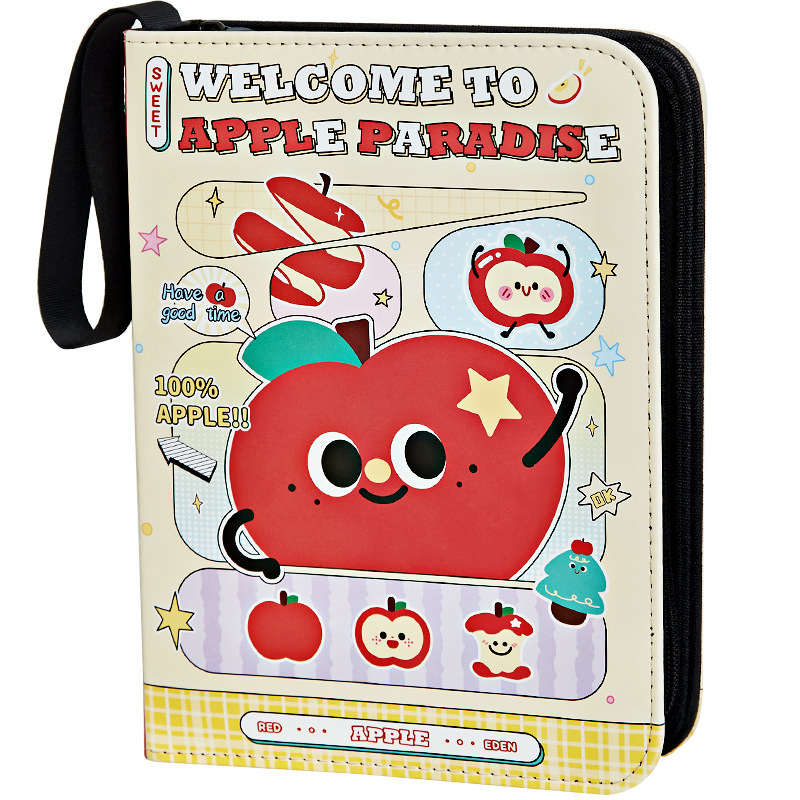 Apple Paradise Album din piele pentru carduri, cu compartimente în patru, fermoar, format A5, capacitate mare