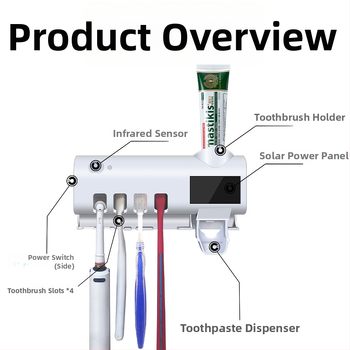 Sterilizator pentru periute de dinți cu UV, montaj fără găuri, dozator inteligent de pastă, suport pentru 4 periute