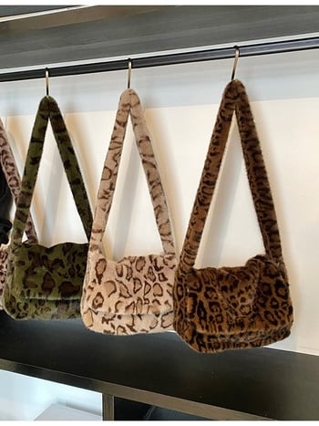 Plush torbica s leopardim printom, preklopna preko ramena, velika kapaciteta, retro stil