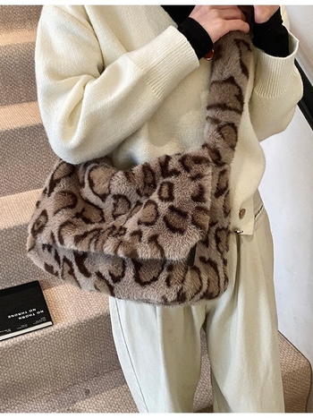 Plush torbica s leopardim printom, preklopna preko ramena, velika kapaciteta, retro stil