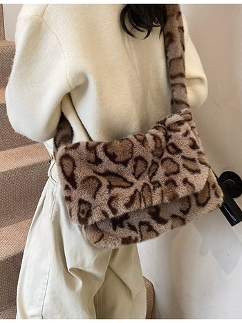 Plush torbica s leopardim printom, preklopna preko ramena, velika kapaciteta, retro stil