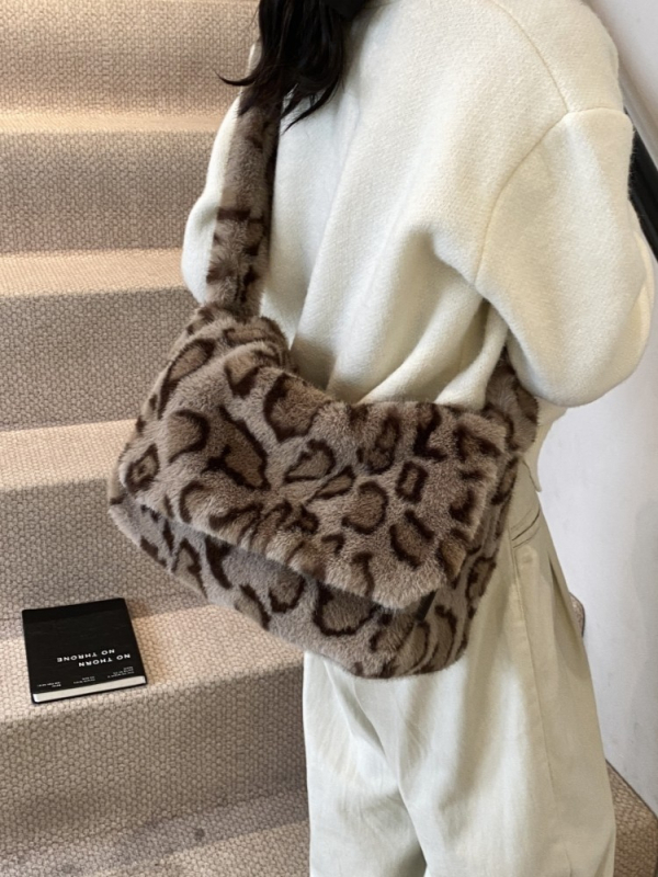 Plush torbica s leopardim printom, preklopna preko ramena, velika kapaciteta, retro stil