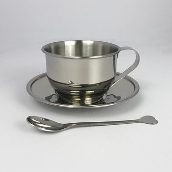 Set cafea din oțel inoxidabil cu ceașcă și farfurie, în stil european, cu linguriță – trei piese
