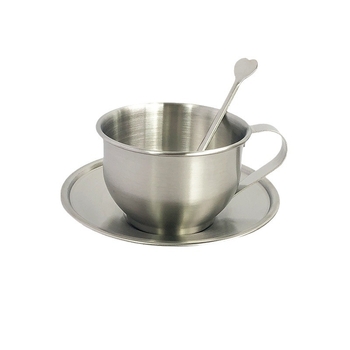 Set cafea din oțel inoxidabil cu ceașcă și farfurie, în stil european, cu linguriță – trei piese