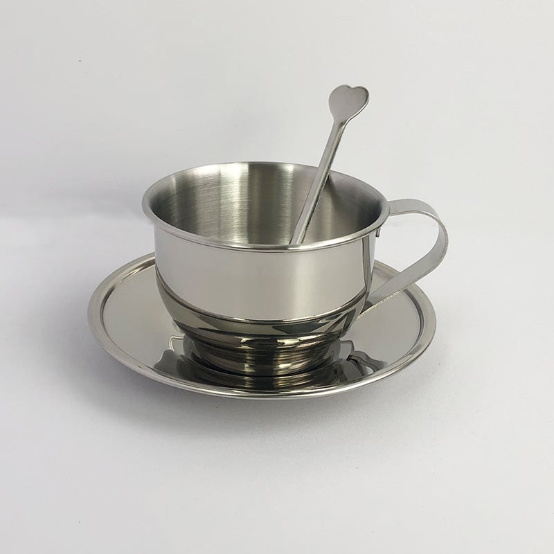Set cafea din oțel inoxidabil cu ceașcă și farfurie, în stil european, cu linguriță – trei piese