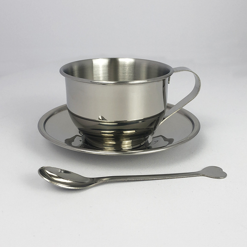 Set cafea din oțel inoxidabil cu ceașcă și farfurie, în stil european, cu linguriță – trei piese