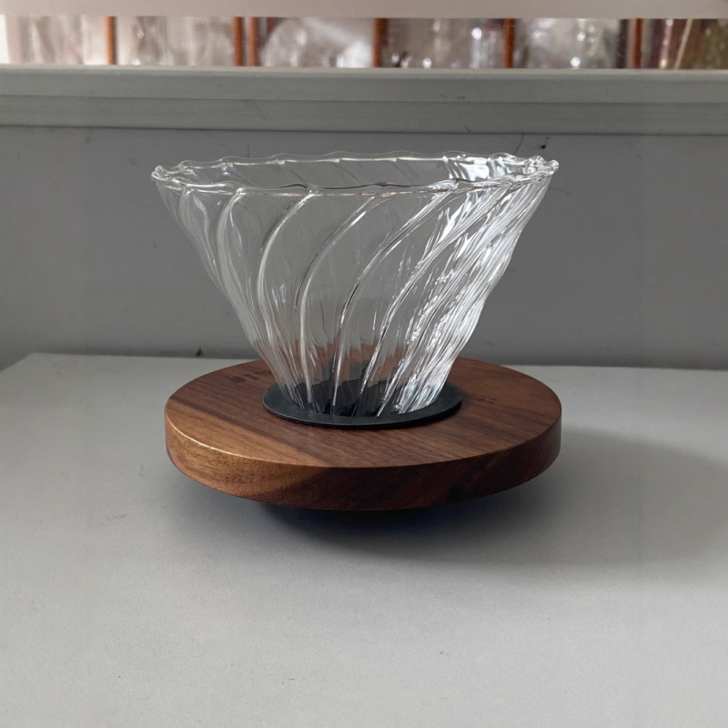 Filtru de cafea V60 din sticlă, cu model spiral, 4 porții, suport din nuc negru, filtru din silicon stabilizat