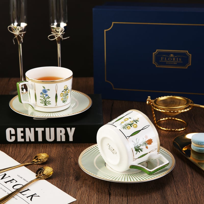 Set cafea cu ceașcă și farfurie, seria Morris Garden, pentru ceai de după-amiază, la birou și acasă, porțelan cu os, stil retro elegant
