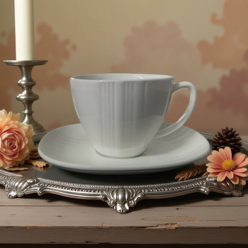 Set cești espresso și farfurioară în stil britanic, ceramică, alb pur, design minimalist european