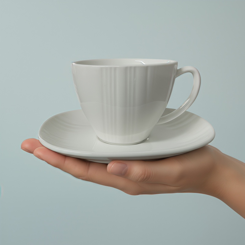 Set cești espresso și farfurioară în stil britanic, ceramică, alb pur, design minimalist european