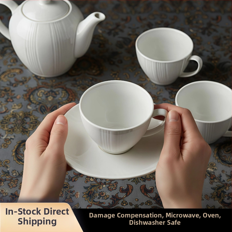 Set cești espresso și farfurioară în stil britanic, ceramică, alb pur, design minimalist european
