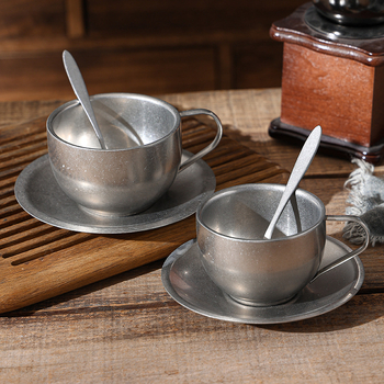 Set de cești și farfurioare pentru cafea din oțel inoxidabil 304, cu linguriță, stil retro camping, imprimare siglă