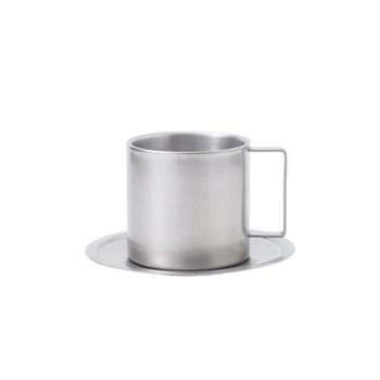 Set de cești și farfurioare pentru cafea din oțel inoxidabil 304, cu linguriță, stil retro camping, imprimare siglă