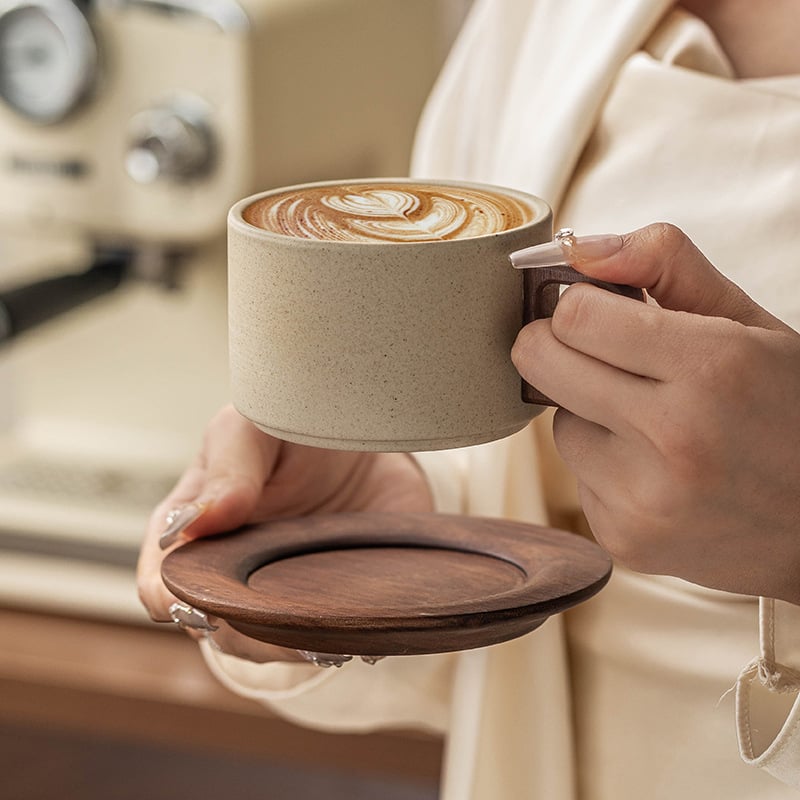 Set de cești de cafea cu farfurie din ceramică, stil retro, design drept, calitate superioară, fabricat manual, protecție împotriva arderii