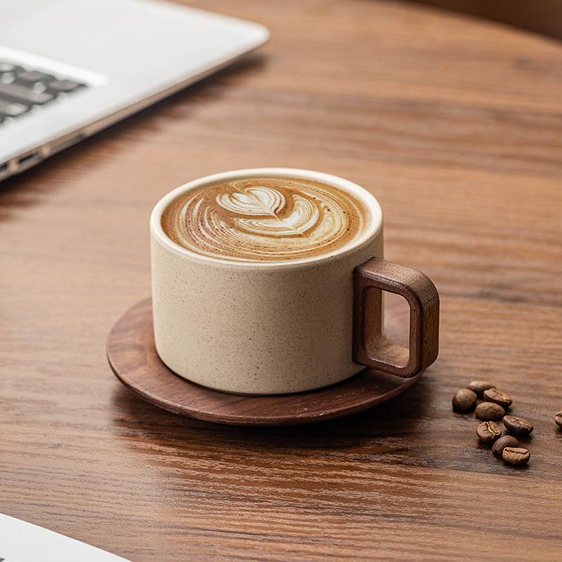 Set de cești de cafea cu farfurie din ceramică, stil retro, design drept, calitate superioară, fabricat manual, protecție împotriva arderii