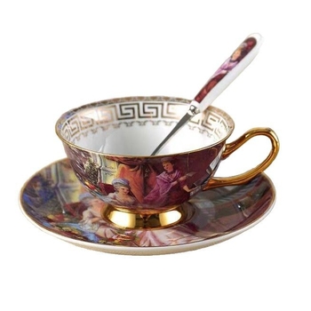 Set cană de cafea și farfurioară din porțelan cu oase, stil european vintage, pictură aurie, cu linguriță