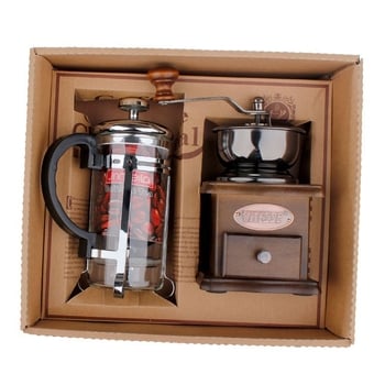 Set cadou pentru cafea cu râșniță și presă franceză, design retro cu dungi