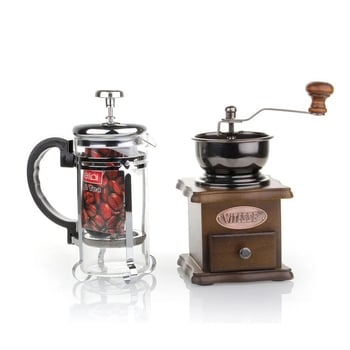 Set cadou pentru cafea cu râșniță și presă franceză, design retro cu dungi
