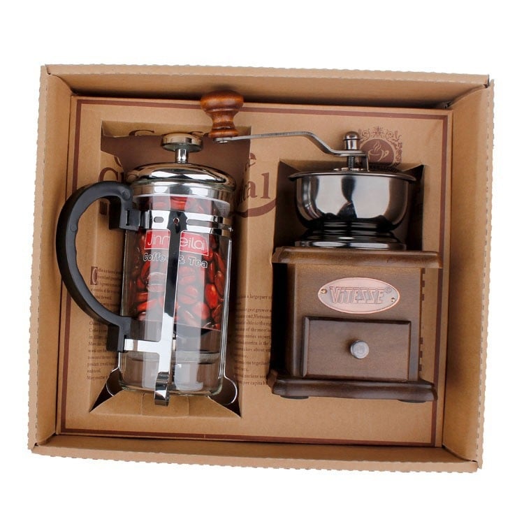 Set cadou pentru cafea cu râșniță și presă franceză, design retro cu dungi