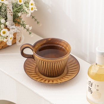 Set ceramic pentru cafea cu ceașcă și farfurioară, realizat manual, în stil japonez vintage
