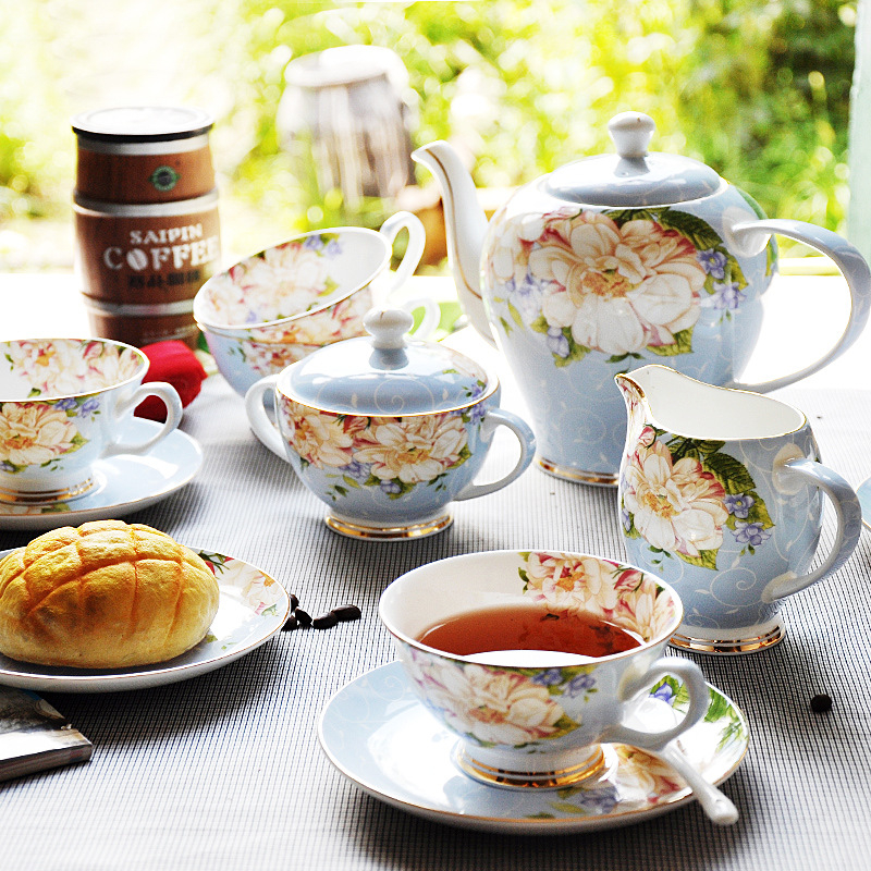 Set de cești de cafea și farfurioțe, în stil european, 15 piese, bone china, pentru ceaiul de după-amiază britanic