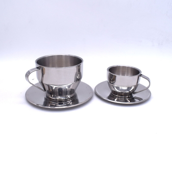 Mocha set de căni de cafea din oțel inoxidabil, cu pereți dubli, cu farfurie din oțel inoxidabil, pentru restaurant.
