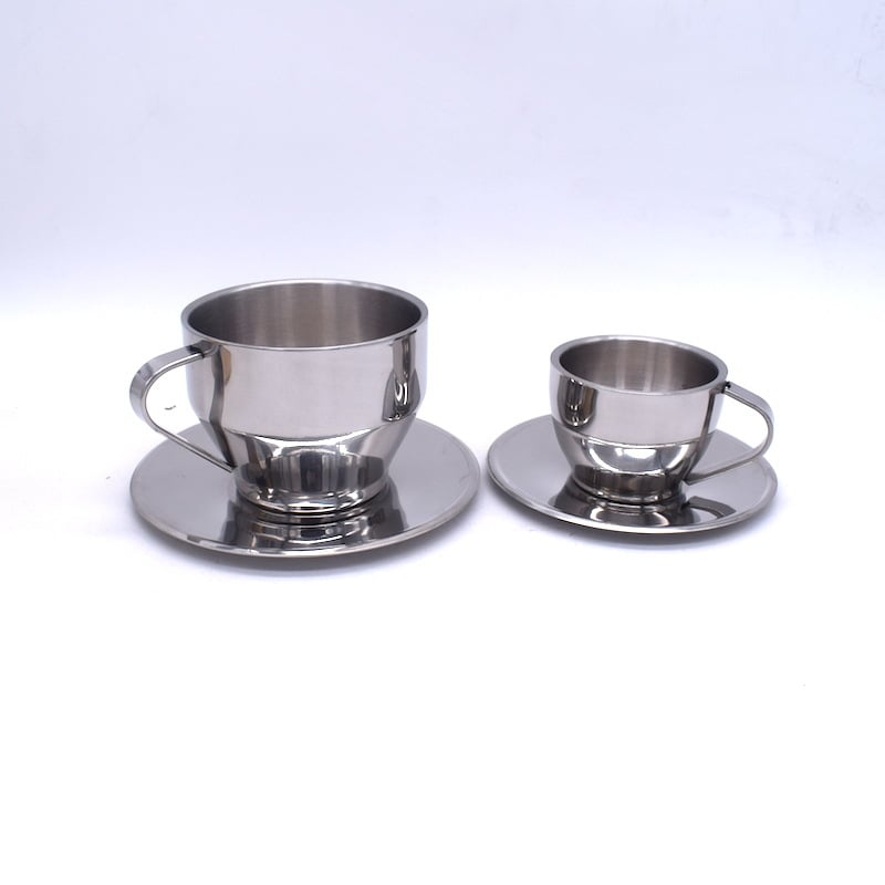 Mocha set de căni de cafea din oțel inoxidabil, cu pereți dubli, cu farfurie din oțel inoxidabil, pentru restaurant.